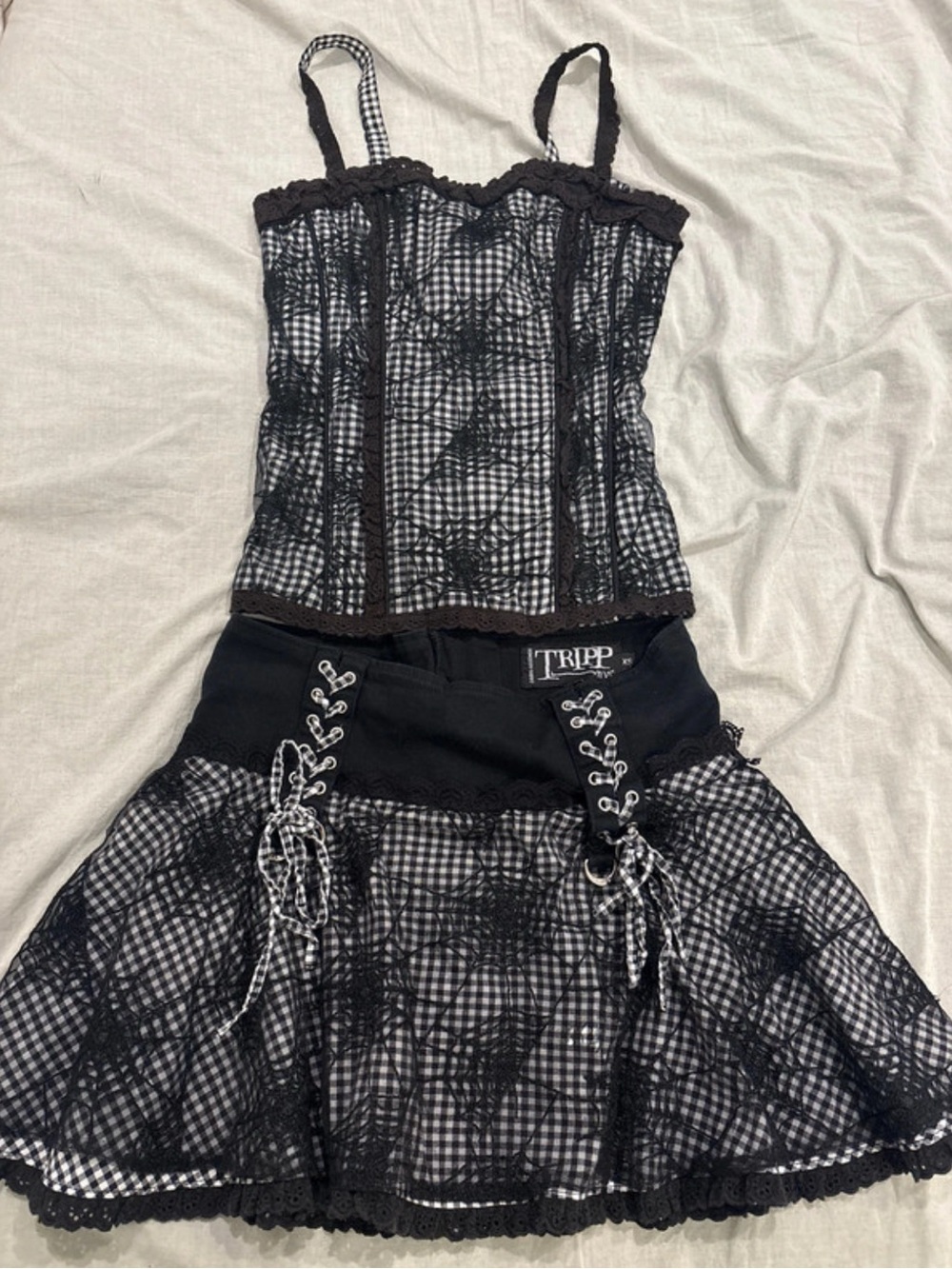 Tripp nyc Black & White Spiderweb Gingham Lace-Up Mini Skirt and Corset XS SET